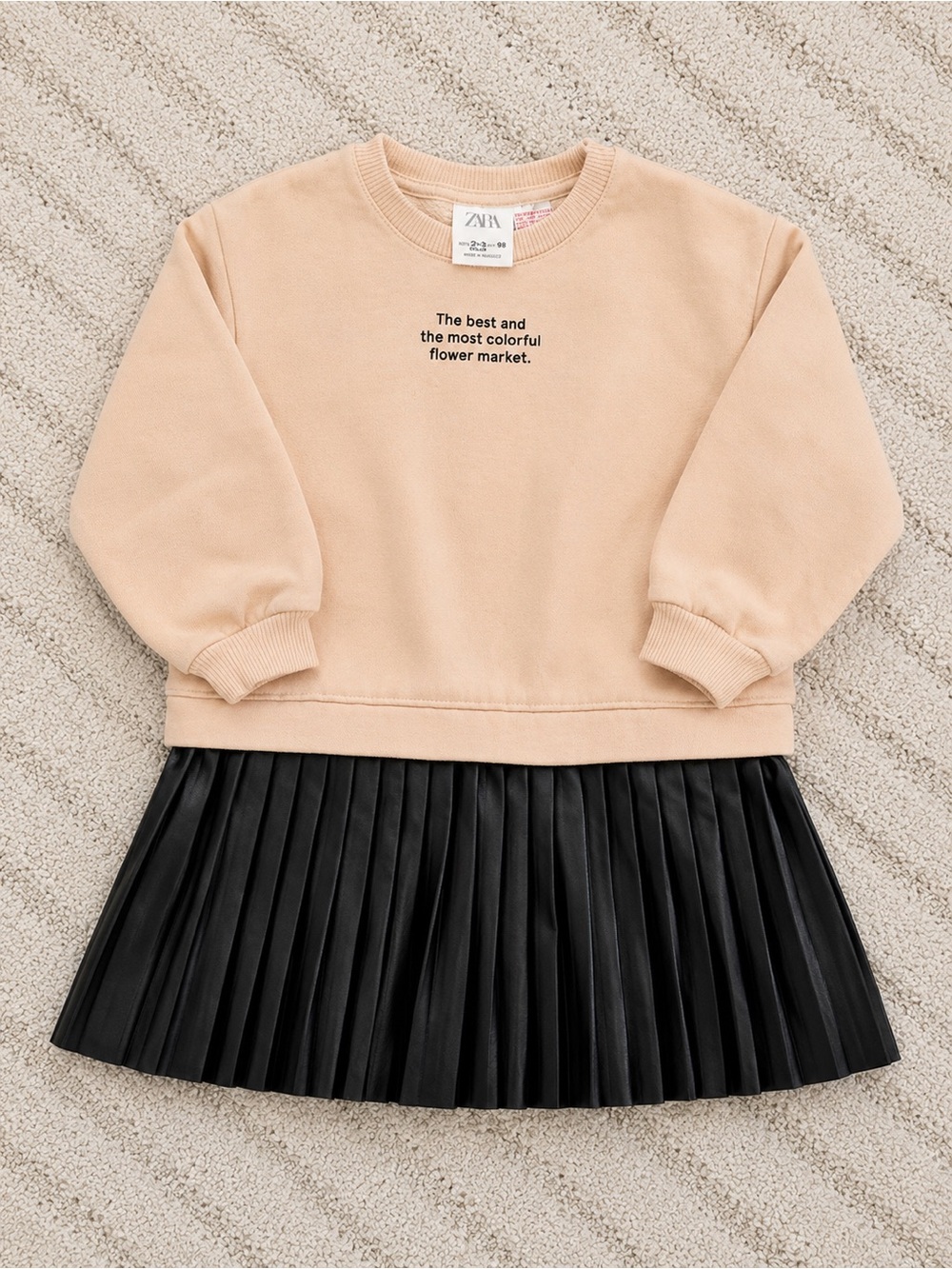 Zara beige sweatshirt dress with black pleated leather skirt